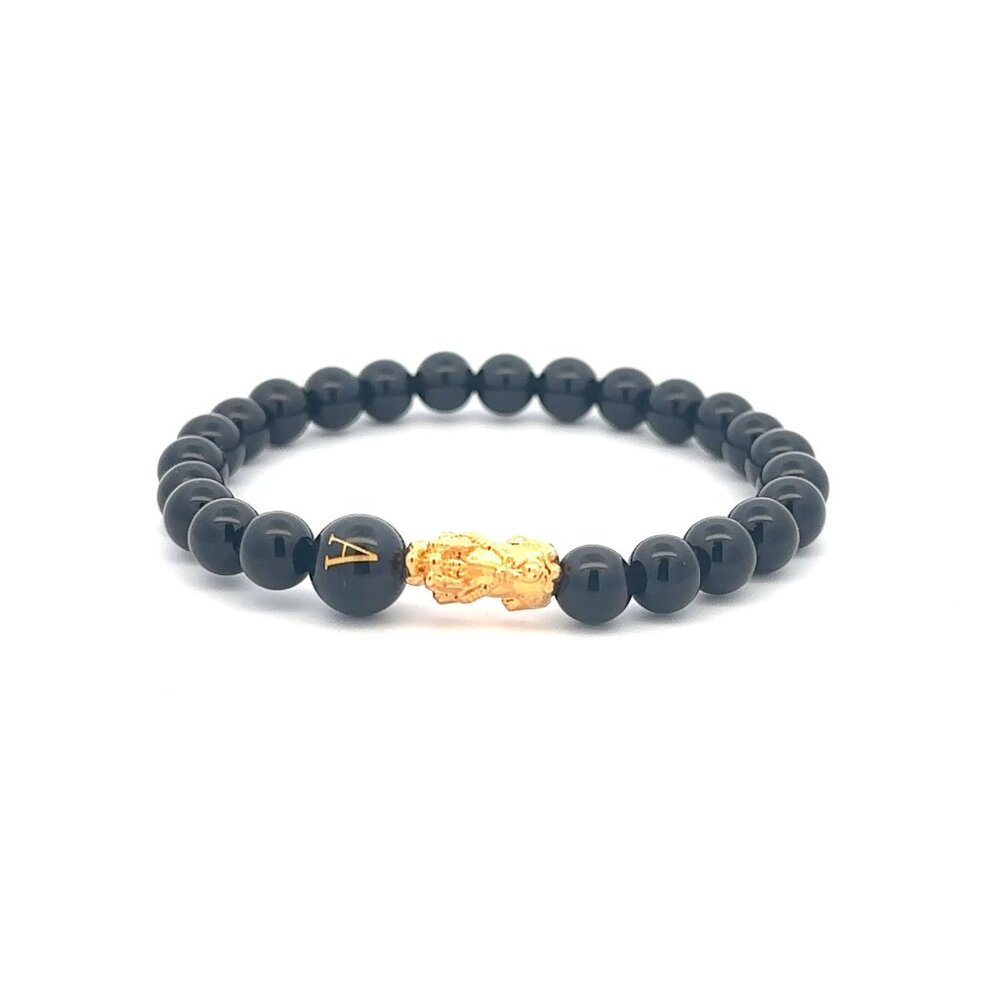 18K Gold Pixiu Piyao Bracelet Gemstone Onyx 6mm Elastic Bracelet Letter A